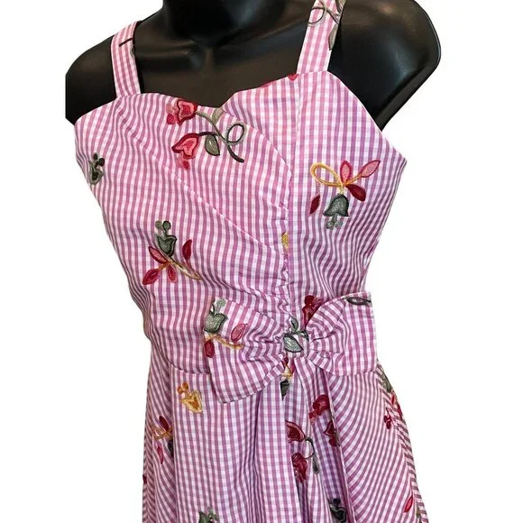 Vintage Y2K Rare Editions Pink White Gingham Fit and Flare Embroidered Dress - Picture 3 of 11
